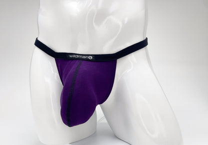 Purple WildmanT modal micro thong with a prominent pouch, black waistband, and logo centered on a white mannequin.