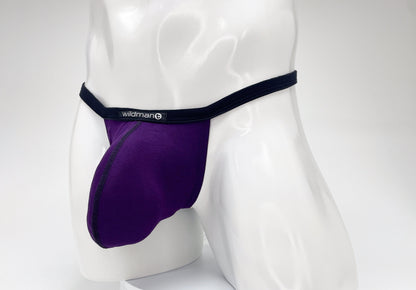 Purple modal micro thong with a large pouch and black waistband featuring the white WildmanT logo on a male mannequin.