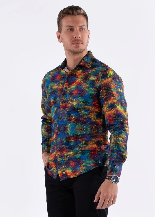 Multicolor patterned long-sleeved men’s button-down shirt with vibrant psychedelic tie-dye in blues reds yellows and greens