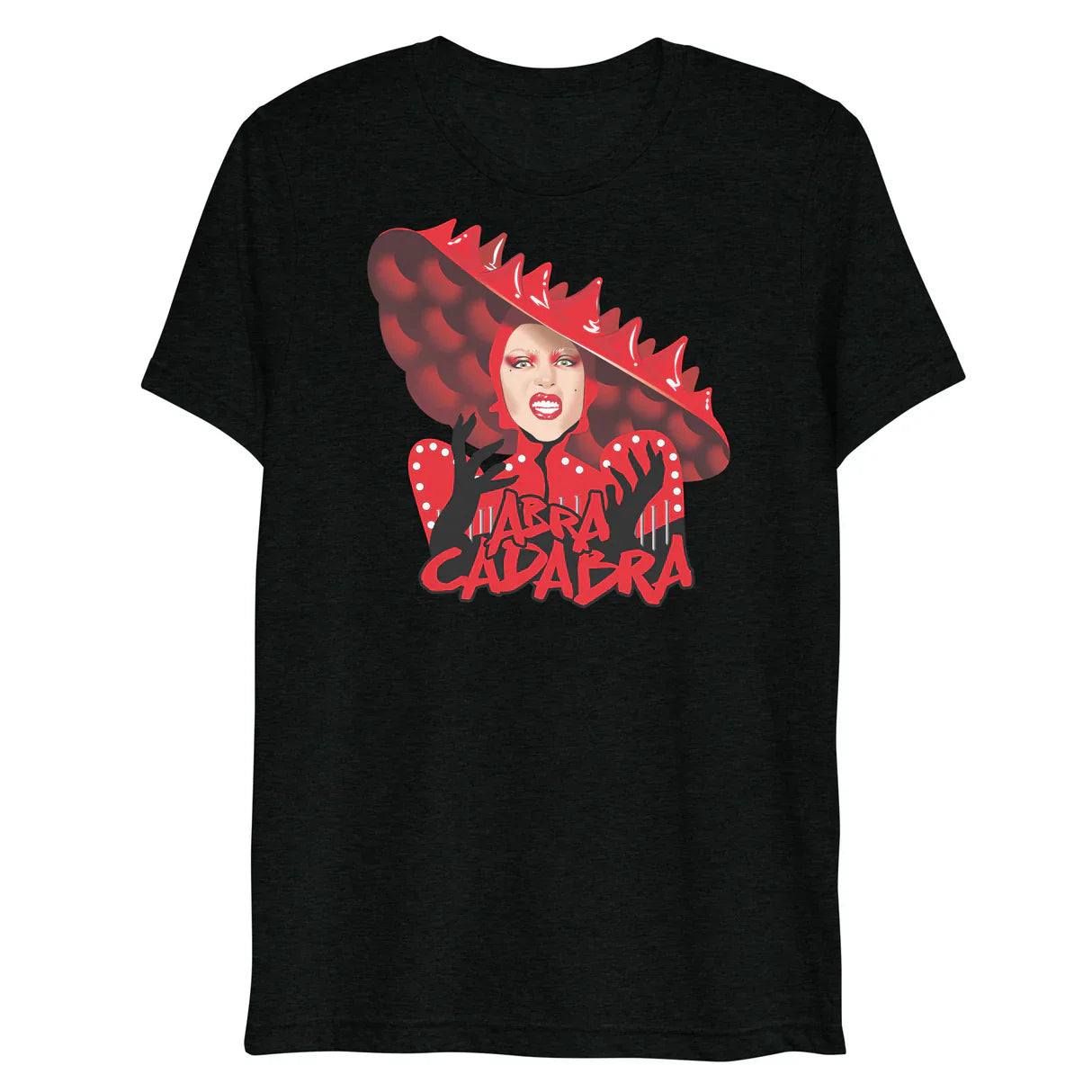 Black short-sleeved t-shirt featuring vibrant red graphic of drag queen Farra Calabra in wide-brimmed hat and polka dots