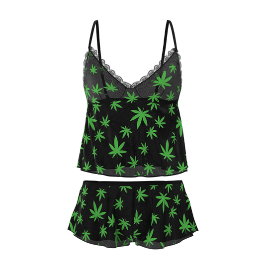 Black satin camisole with neon green cannabis leaf print and lace trim from the magic silk cami and short set