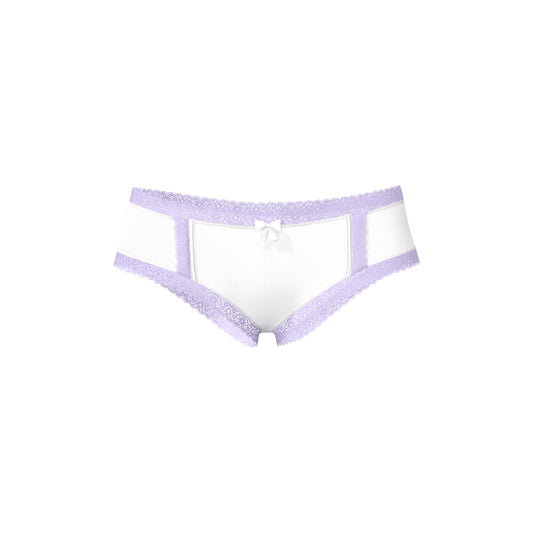 Magic silk cheeky hipster boy short white briefs with lavender lace trim and small white bow at center front