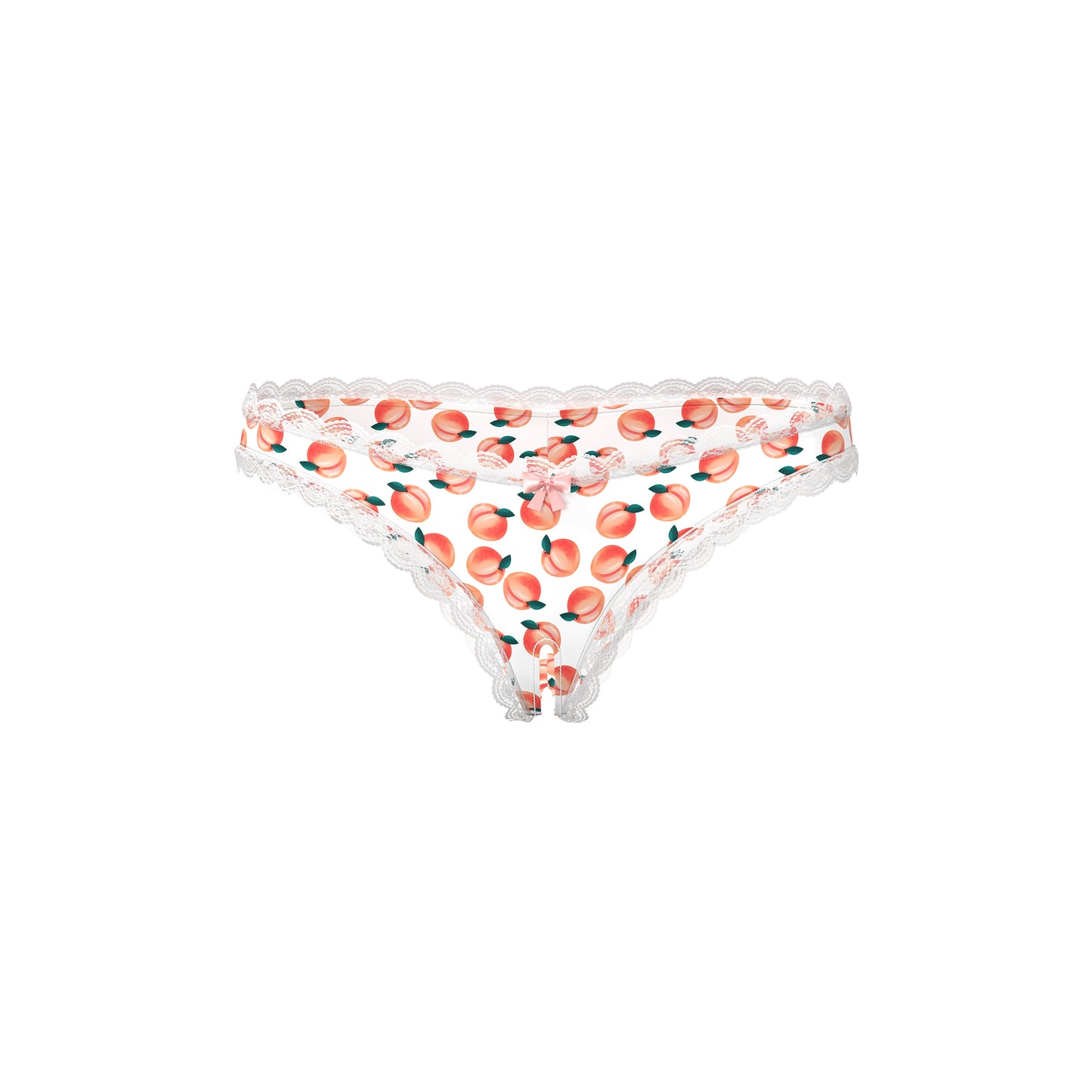 White peach print thong crotchless boy short with delicate scalloped lace trim by magic silk with lube included