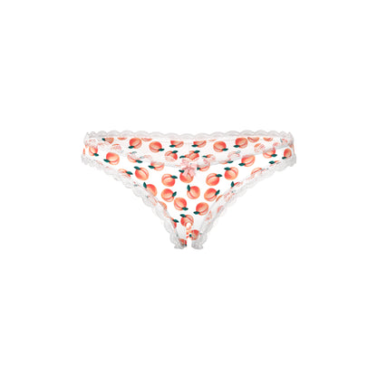 White peach print thong crotchless boy short with delicate scalloped lace trim by magic silk with lube included