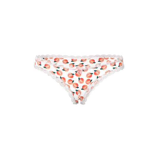 White peach print thong crotchless boy short with delicate scalloped lace trim by magic silk with lube included