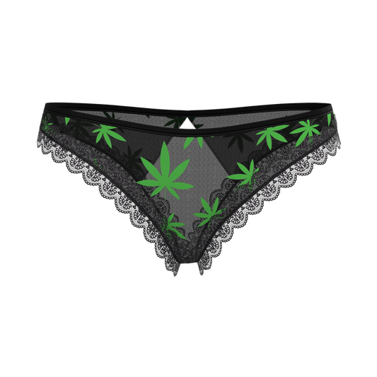 Black triangular bikini bottom with green cannabis leaf print and lace trim from magic silk crotchless panty with open back