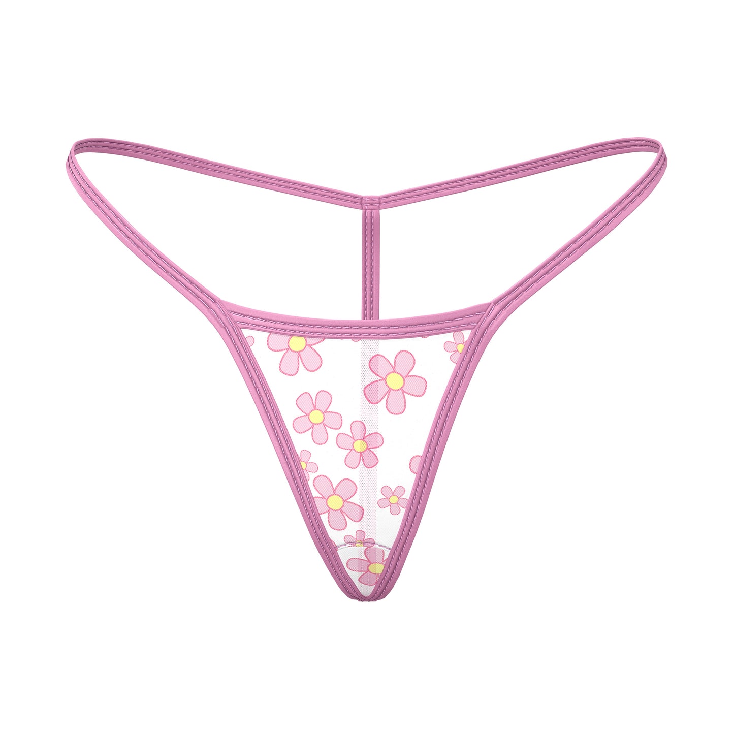 Pink floral magic silk daisy tanga thong with sheer mesh fabric and matching pink trim