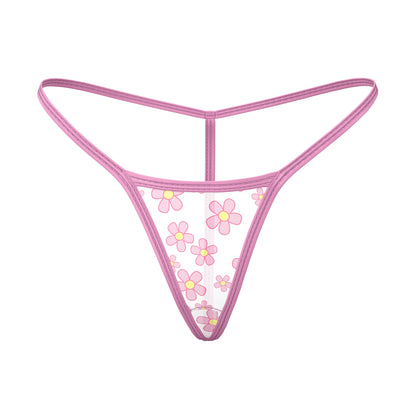 Pink floral magic silk daisy tanga thong with sheer mesh fabric and matching pink trim
