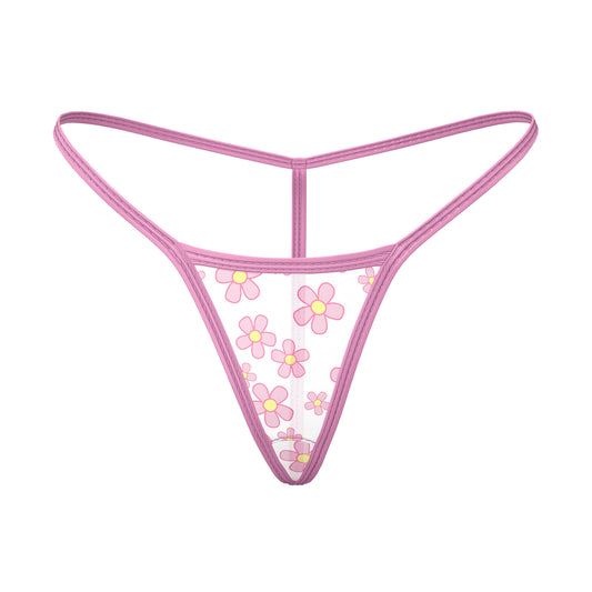 Pink floral magic silk daisy tanga thong with sheer mesh fabric and matching pink trim