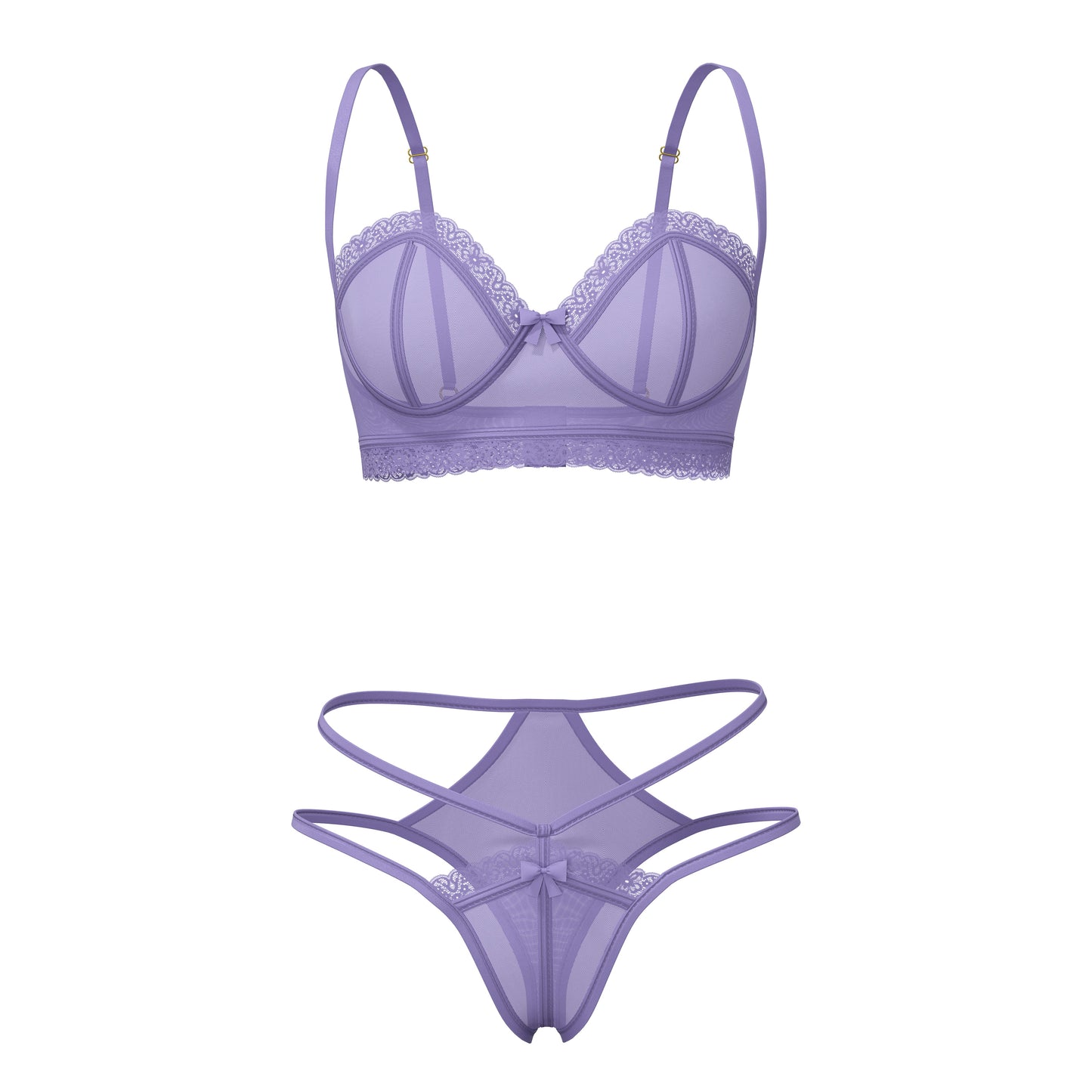 Lavender sheer lace Magic Silk demi bra with scalloped edges and matching high cut tanga thong with crisscross straps