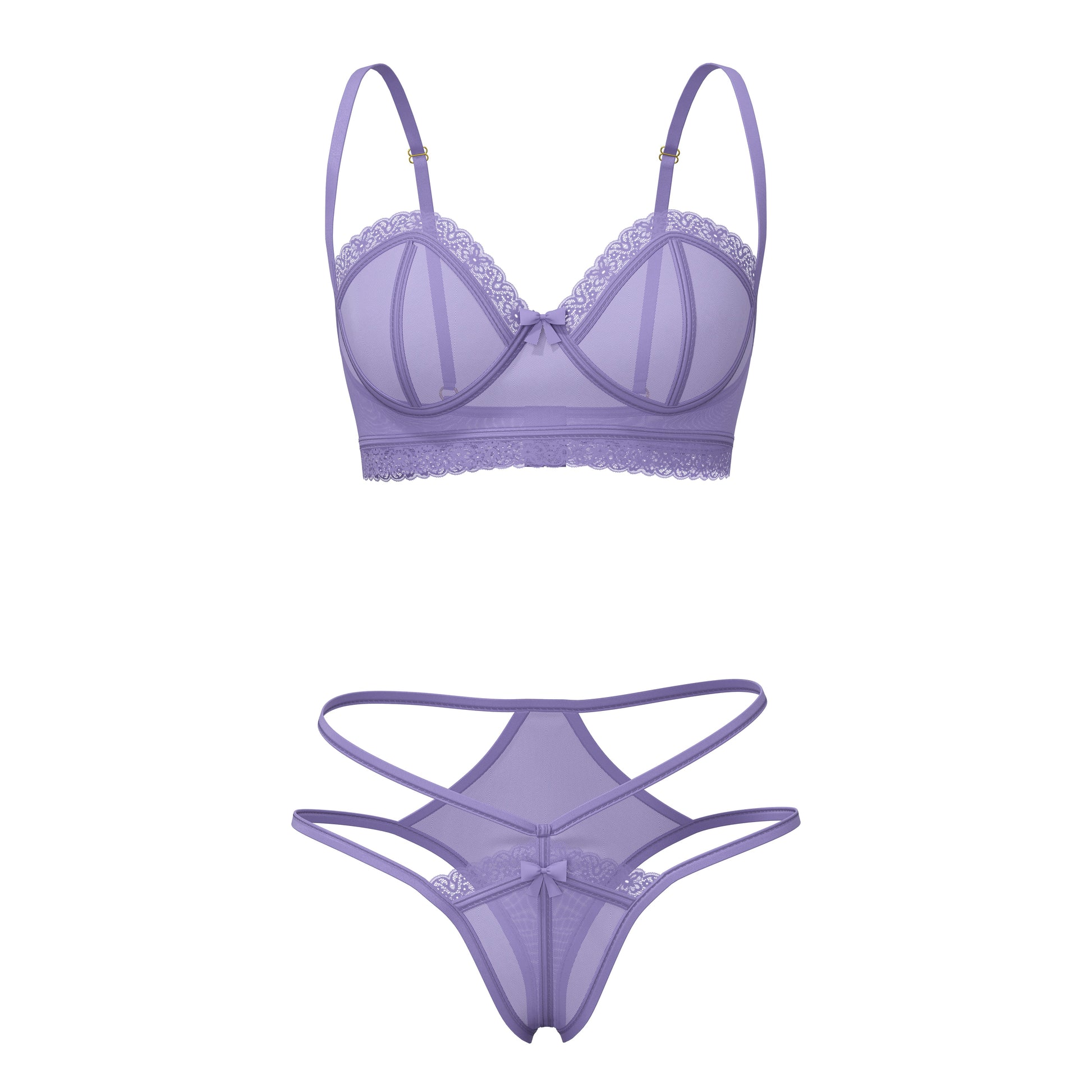 Lavender sheer lace Magic Silk demi bra with scalloped edges and matching high cut tanga thong with crisscross straps