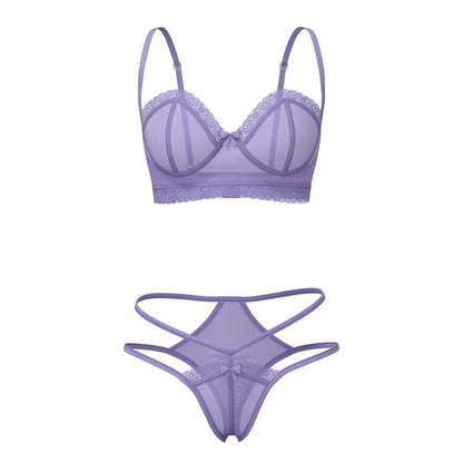 Lavender sheer lace Magic Silk demi bra with scalloped edges and matching high cut tanga thong with crisscross straps