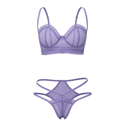 Lavender sheer lace Magic Silk demi bra with scalloped edges and matching high cut tanga thong with crisscross straps