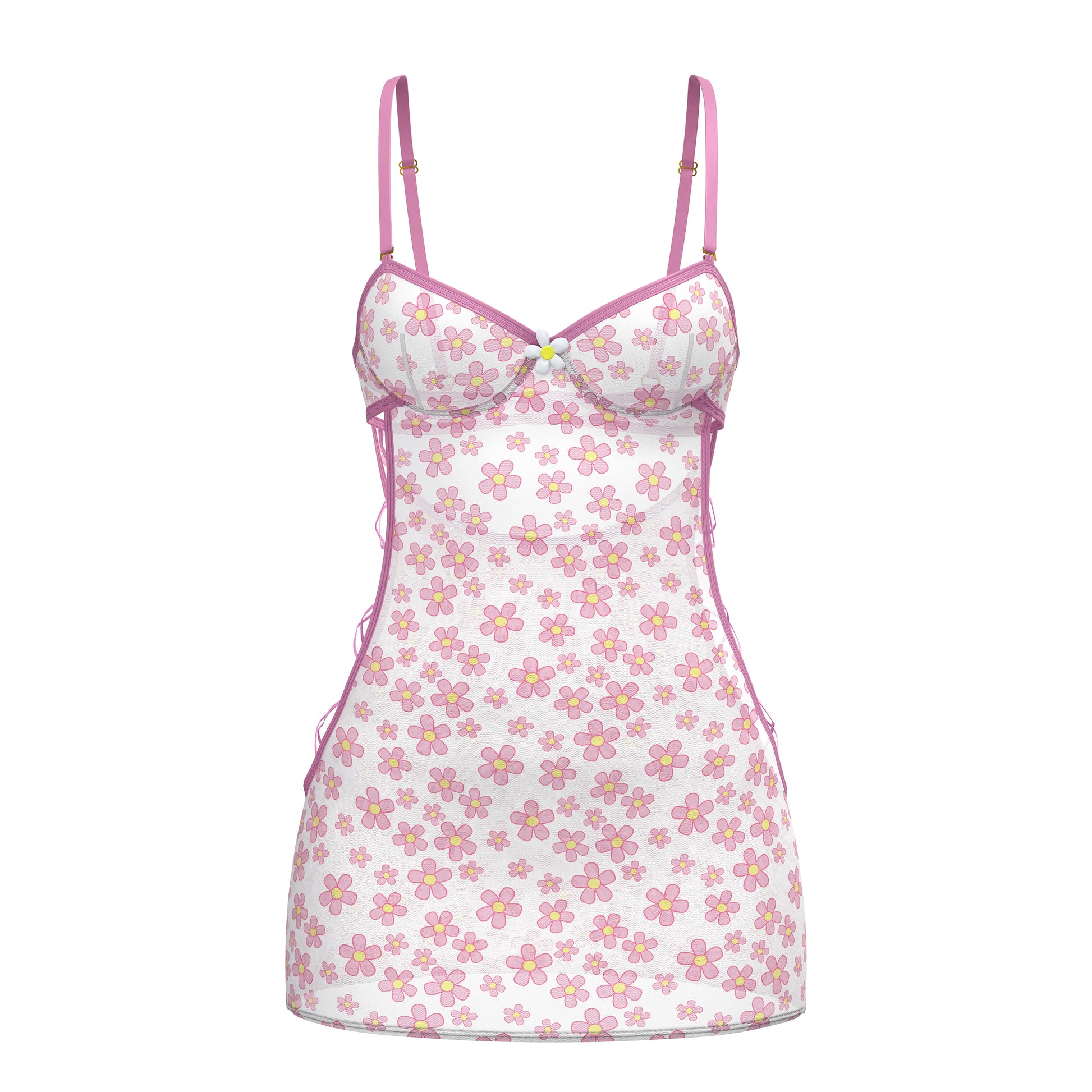 White floral magic silk dress with pink and yellow flowers, thin pink straps, and ruffled hem detail