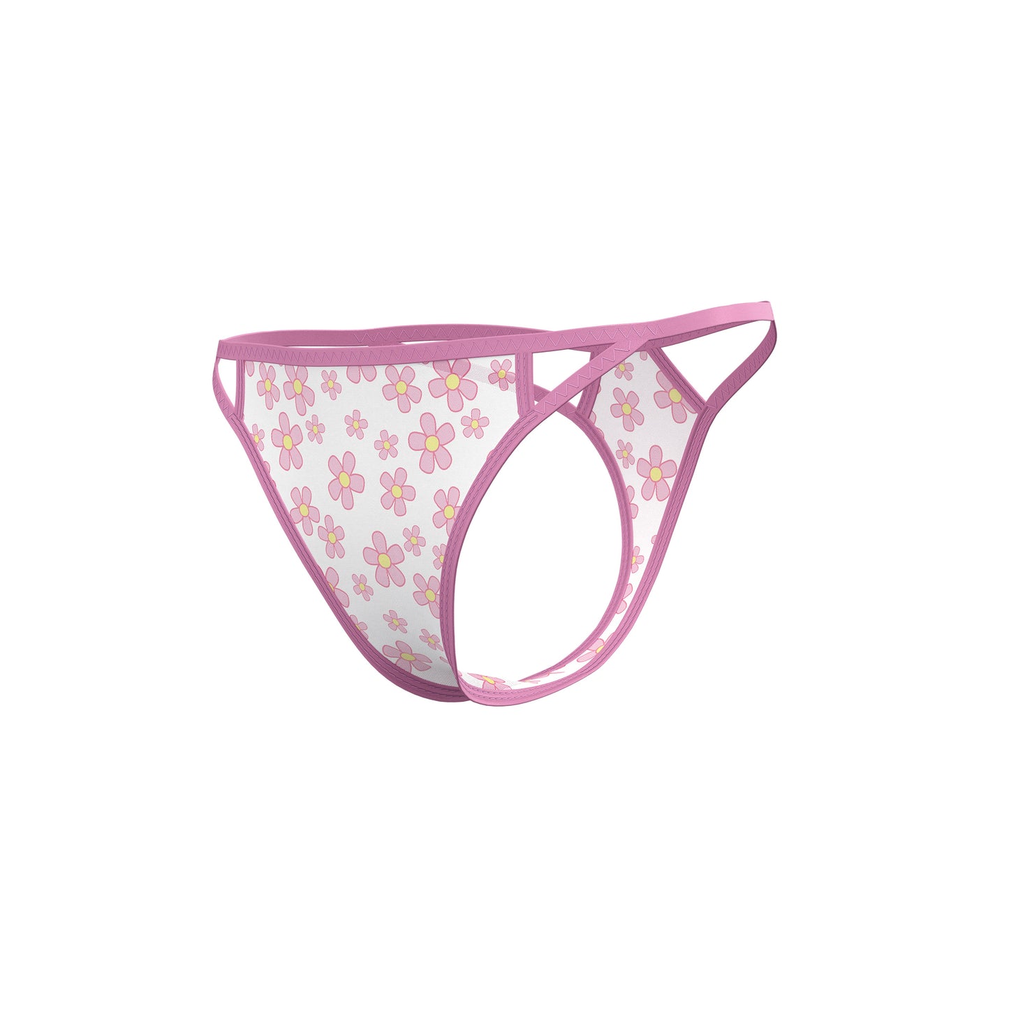 Pink floral-patterned thong with sheer transparent fabric and matching pink trim from magic silk dress and tanga set