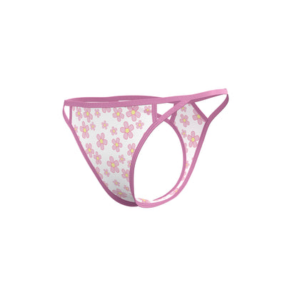 Pink floral-patterned thong with sheer transparent fabric and matching pink trim from magic silk dress and tanga set
