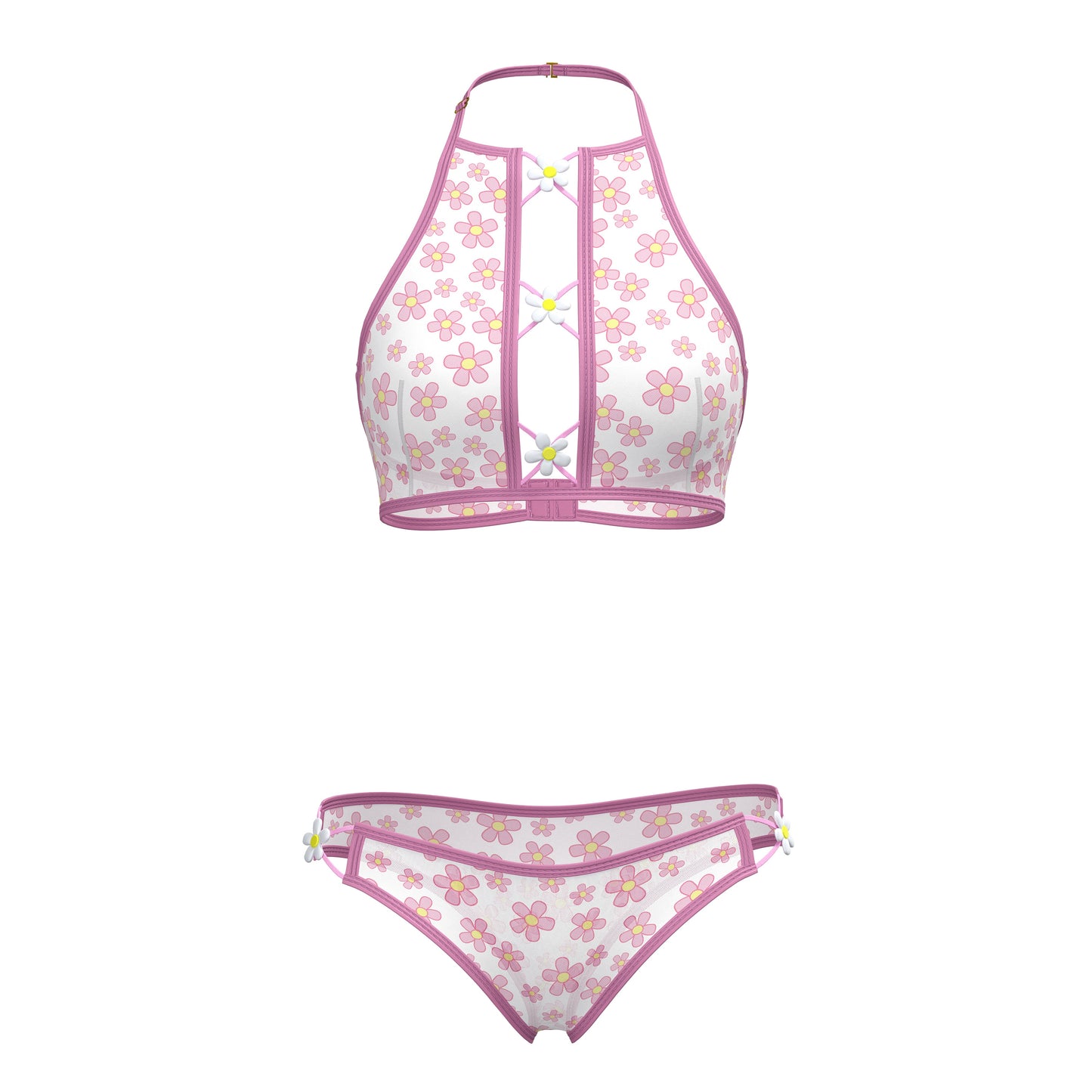 Pink and white floral magic silk halter bralette and panty set with matching bikini bottoms in silky fabric