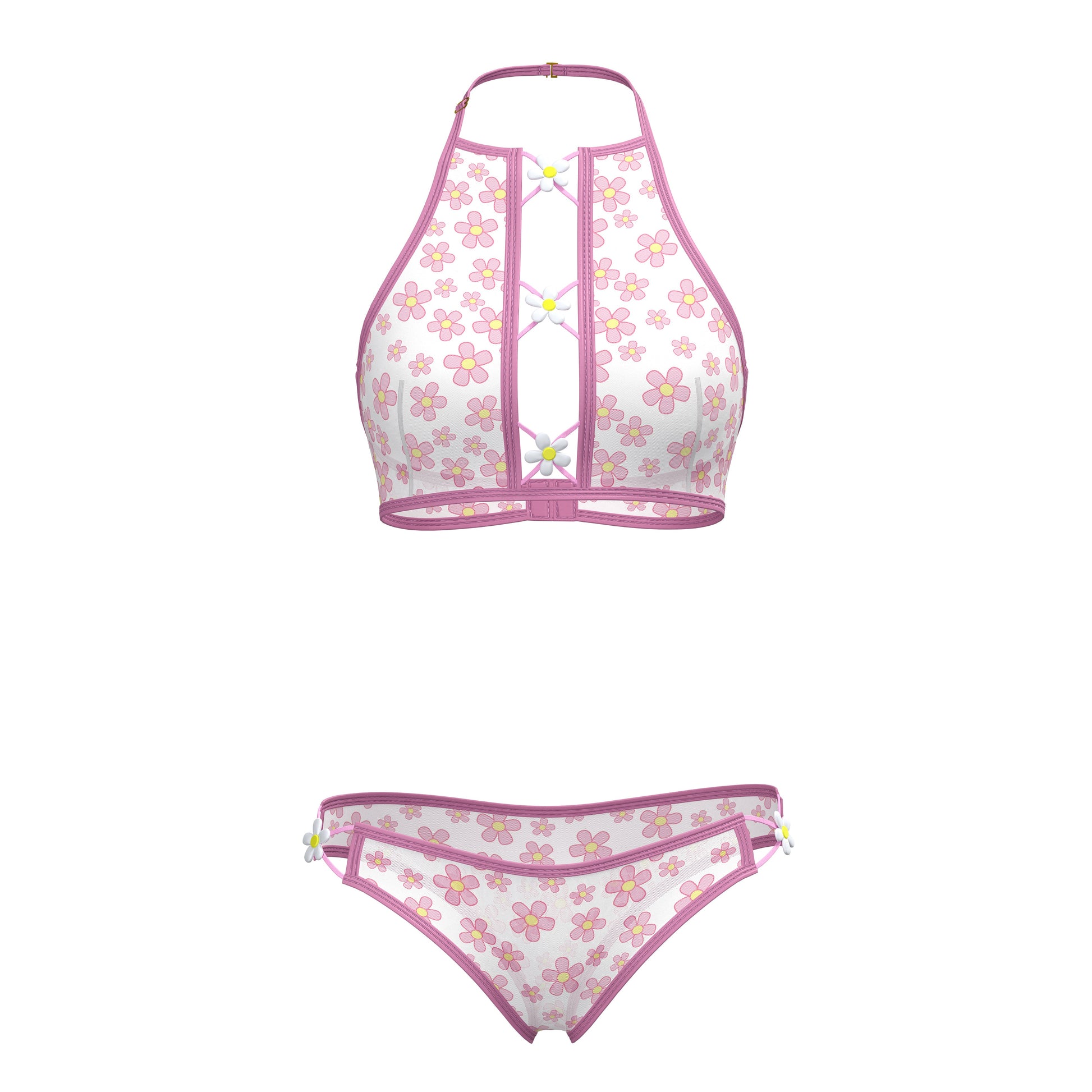 Pink and white floral magic silk halter bralette and panty set with matching bikini bottoms in silky fabric
