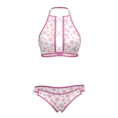 Pink and white floral magic silk halter bralette and panty set with matching bikini bottoms in silky fabric