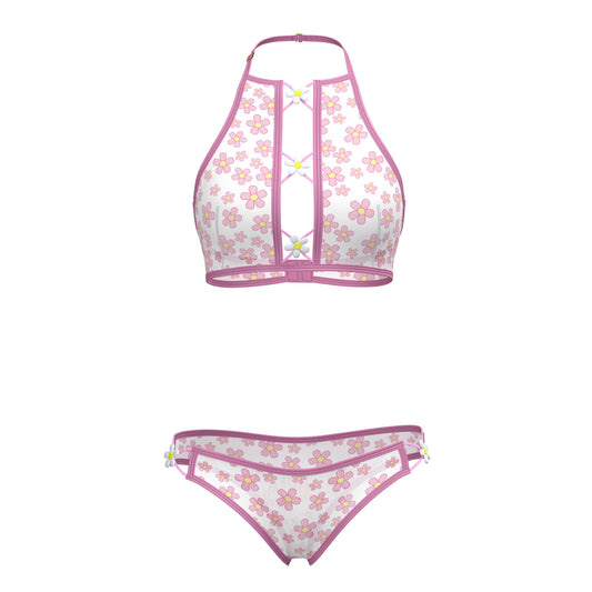Pink and white floral magic silk halter bralette and panty set with matching bikini bottoms in silky fabric