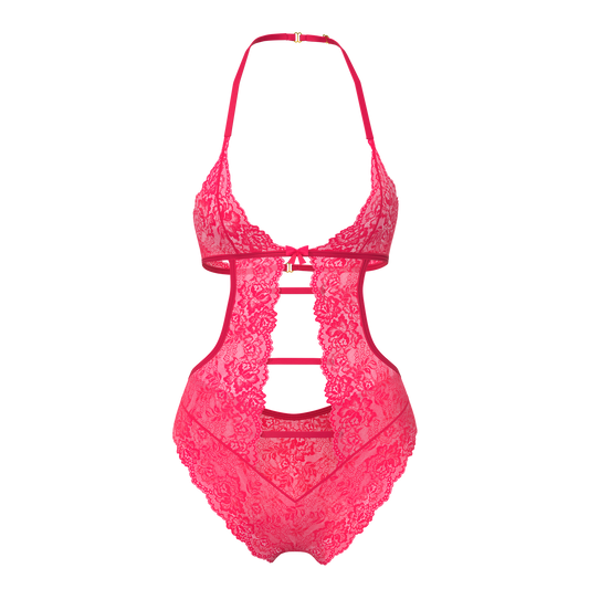 A vibrant fuchsia lace halter teddy with intricate floral patterns and a cut-out design magic silk halter teddy with snap crotch