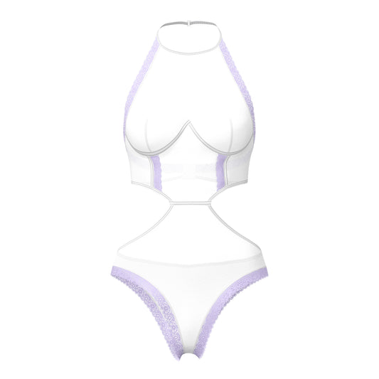 White halter neck bodysuit with lavender lace trim and cut out details from magic silk sheer passion teddy