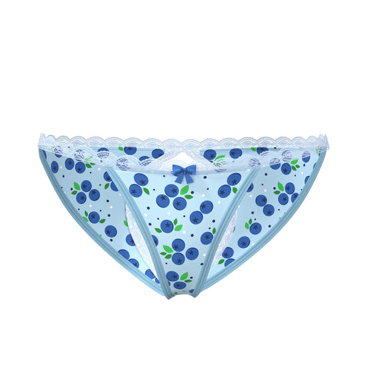 Light blue magic silk split back and crotchless panty with blueberry pattern green leaves white lace trim and bow