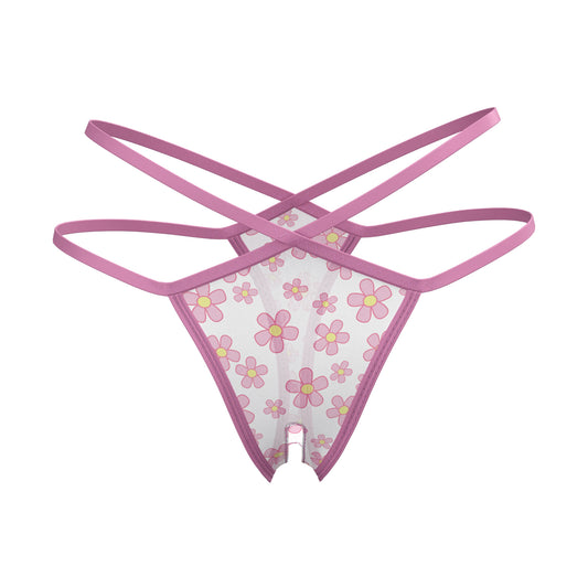 Magic Silk split crotch thong in pink with floral mesh fabric and matching elastic straps shown from the front