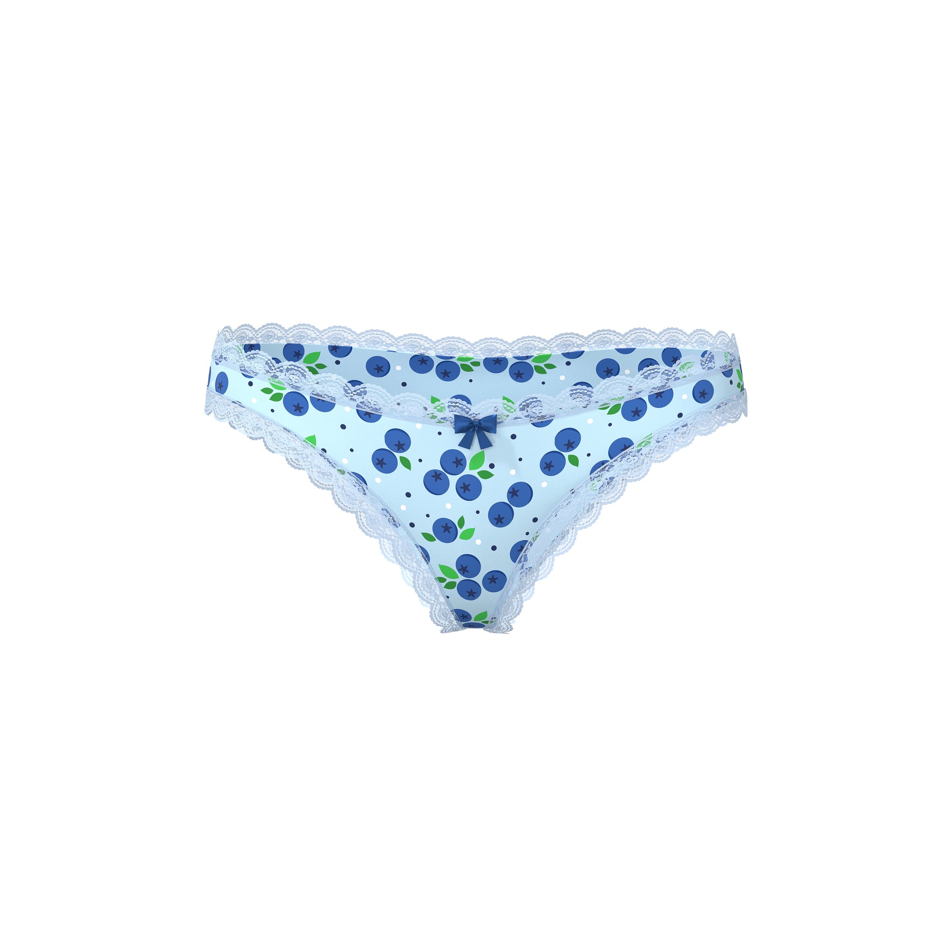 Magic Silk Sweet Treats boy short in light blue with blueberry and leaf pattern, white lace trim, and navy bow accent