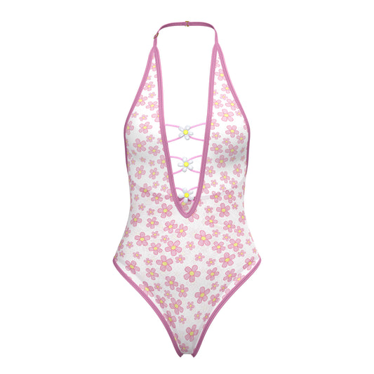 Magic silk teddy snap crotch white one-piece swimsuit with pink floral pattern halter neckline and lace-up front details
