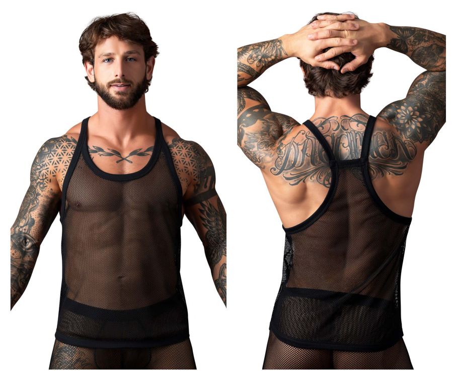 Male power 110-11c fishnet 2 tank top in black mesh with reinforced trim along neckline armholes and hem