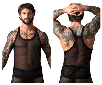 Male power 110-11c fishnet 2 tank top in black mesh with reinforced trim along neckline armholes and hem