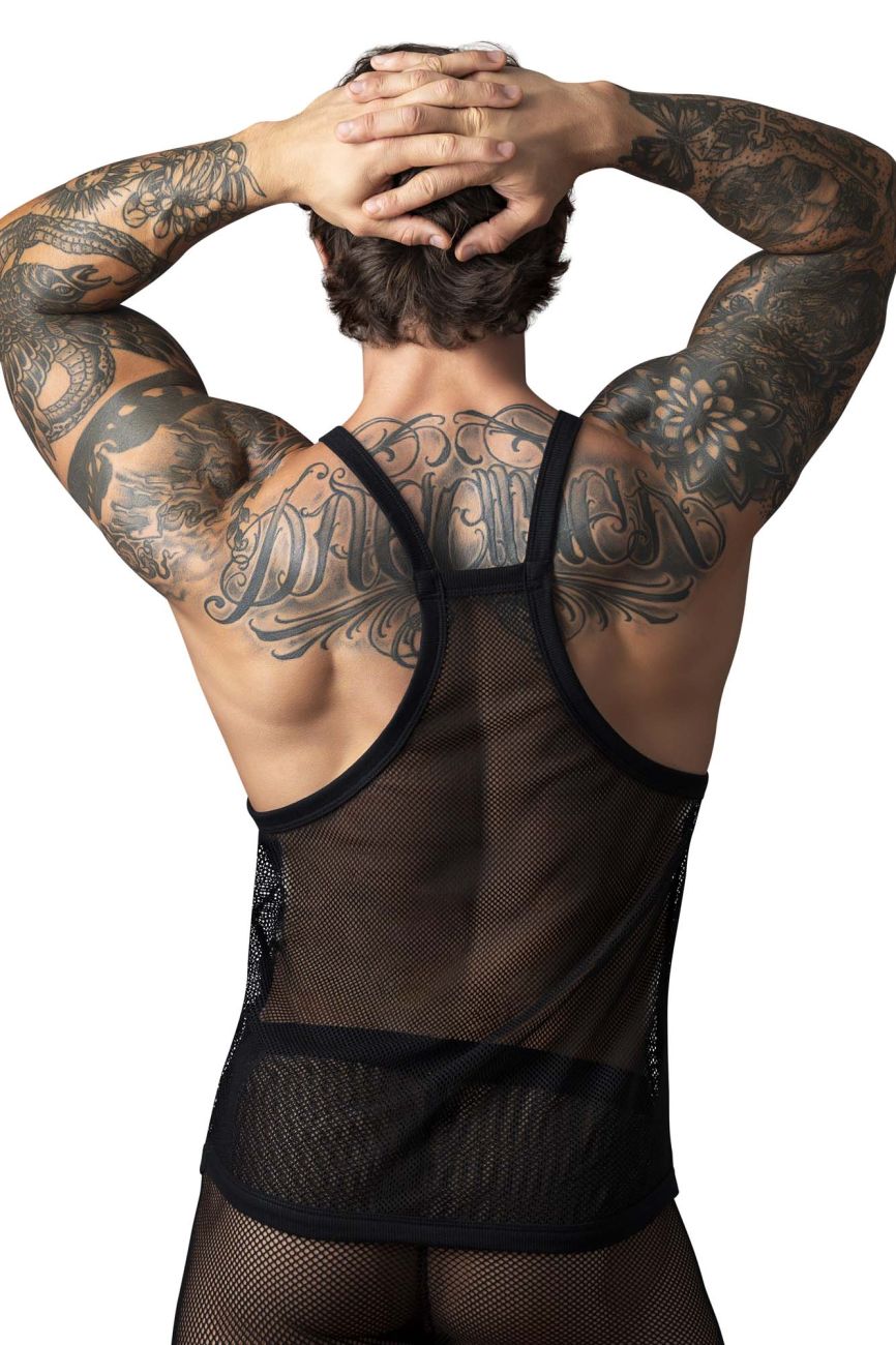Black male power 110-11c fishnet tank top with intricate back design and thin straps shown from the back side