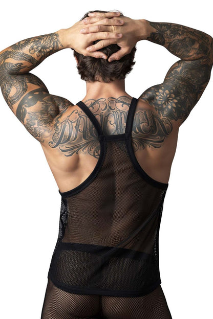 Black male power 110-11c fishnet tank top with intricate back design and thin straps shown from the back side