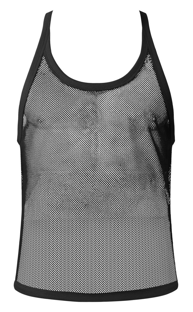 Black male power 110-11c fishnet tank top with solid black trim along neckline armholes and hem
