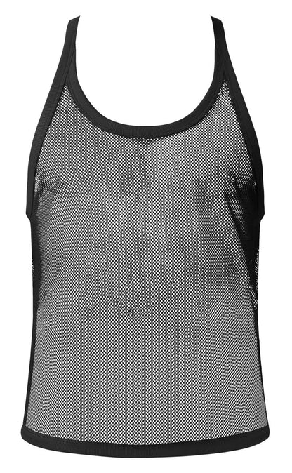 Black male power 110-11c fishnet tank top with solid black trim along neckline armholes and hem