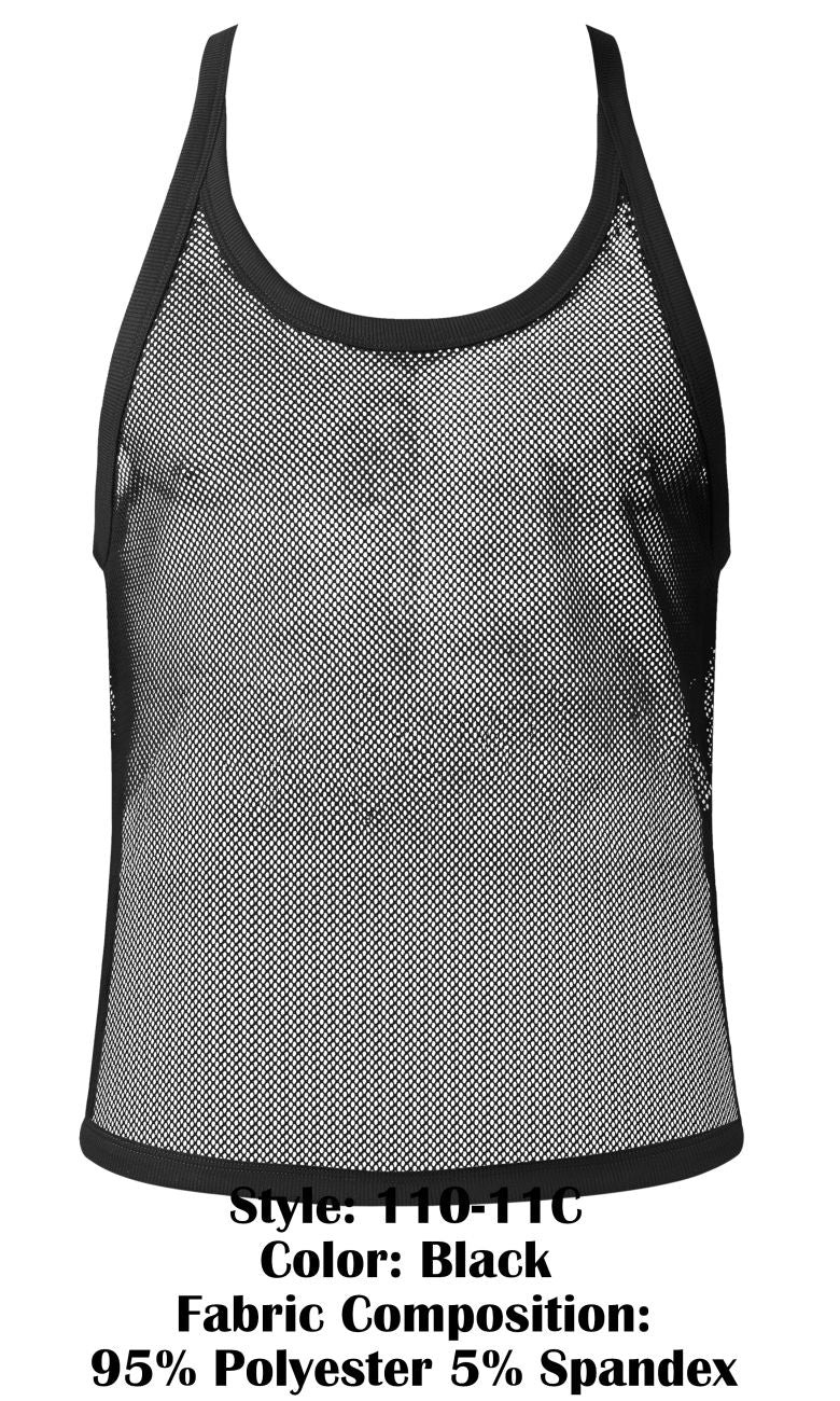 Male power 110-11c black fishnet tank top with black trim and subtle gradient effect in mesh material