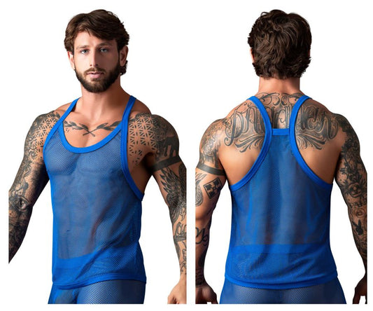 Male power 110-11c fishnet tank top in royal blue with blue mesh fabric and blue trim for men