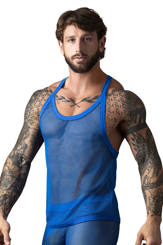 Male power 110-11c royal blue fishnet tank top with solid blue trim made of mesh for men