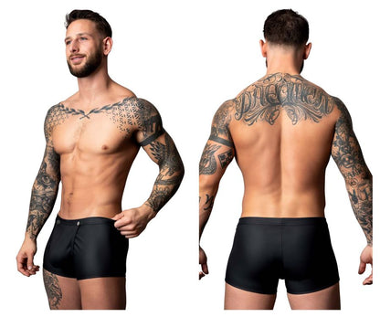 Male Power 120-298 Oh Snap Snap Off black swim trunks with subtle sheen and button closure at waistband