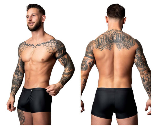 Male Power 120-298 Oh Snap Snap Off black swim trunks with subtle sheen and button closure at waistband