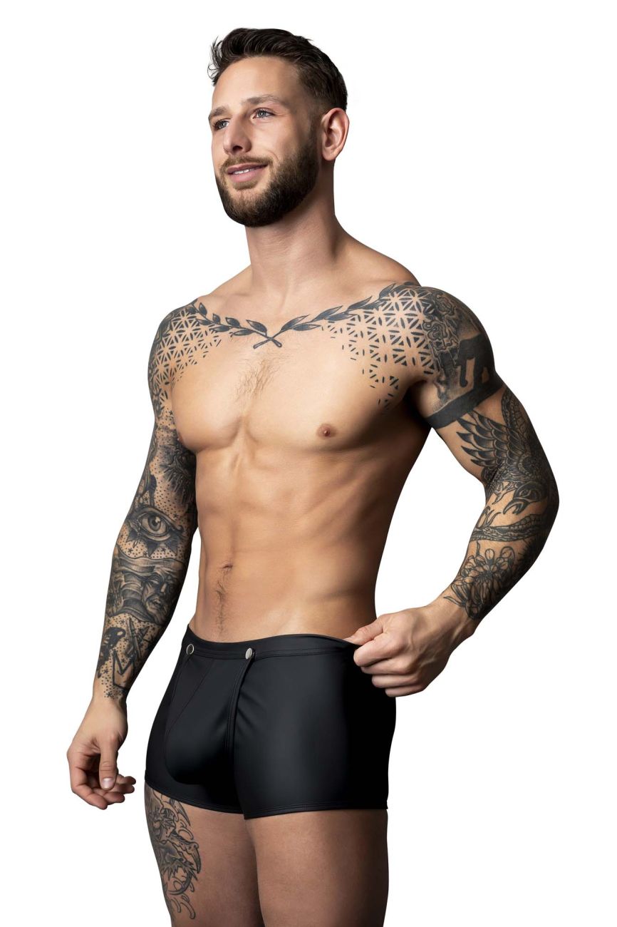 Male power 120-298 oh snap snap off short in black sleek form-fitting swim trunks with subtle front zipper detail