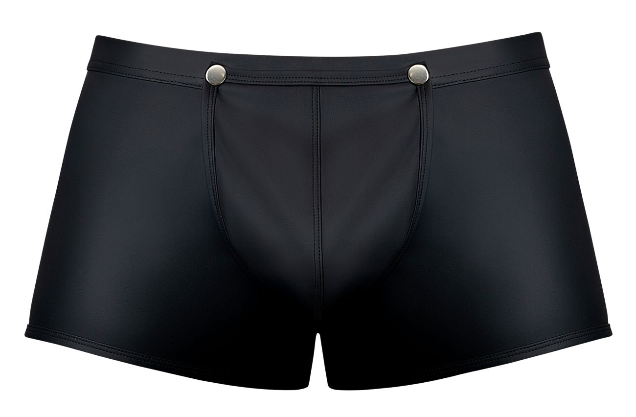 Male power 120-298 oh snap snap off short black glossy faux leather briefs with silver snap buttons at the waistband