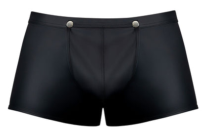 Male power 120-298 oh snap snap off short black glossy faux leather briefs with silver snap buttons at the waistband