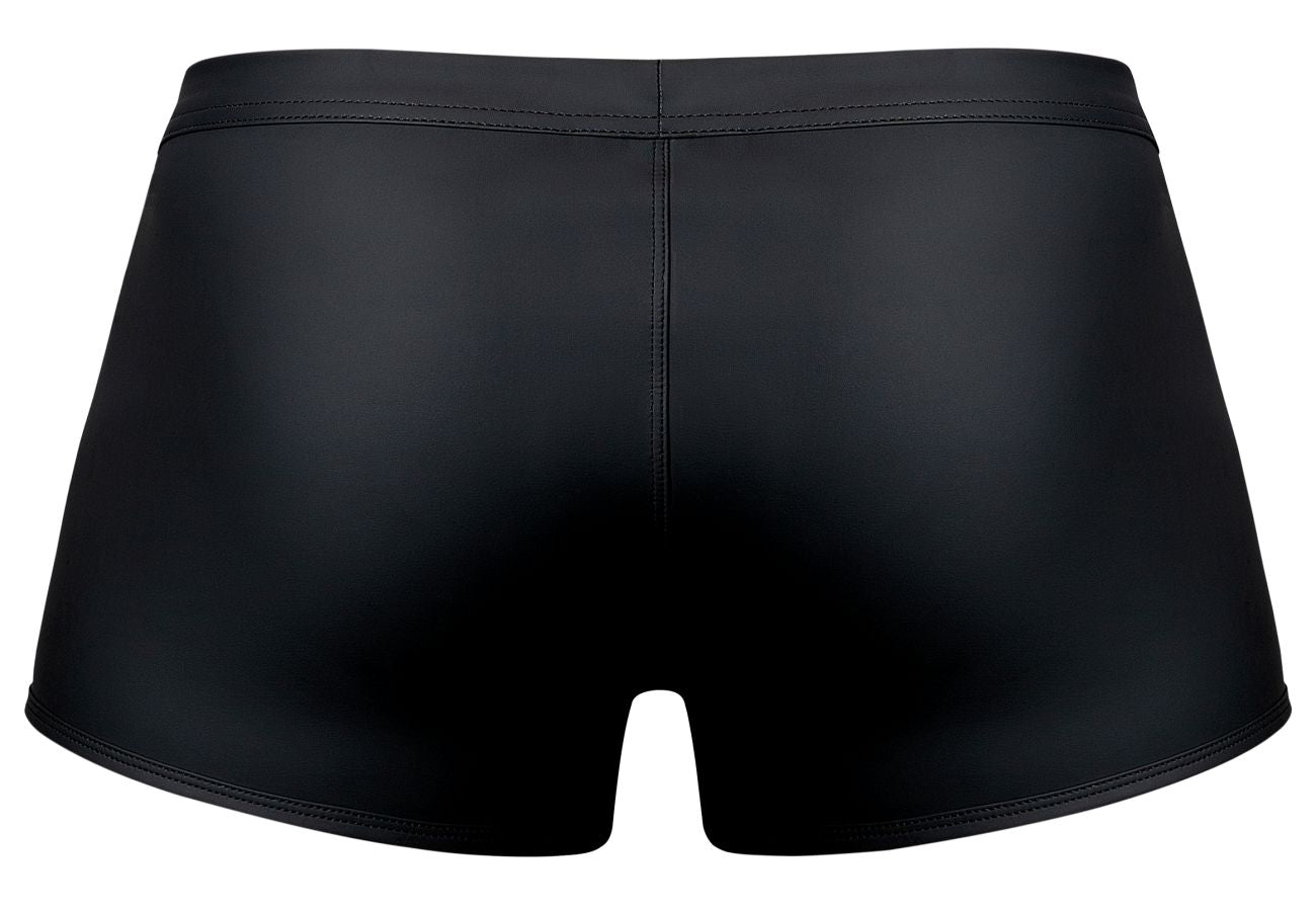 Black glossy-finish swim trunks by male power with a sleek form-fitting design in color black