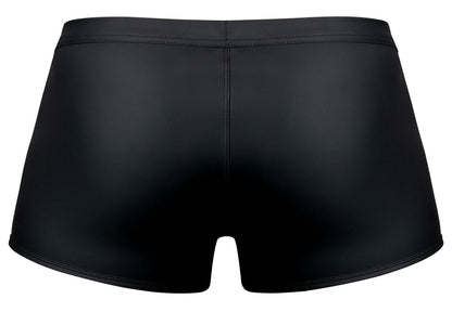 Black glossy-finish swim trunks by male power with a sleek form-fitting design in color black
