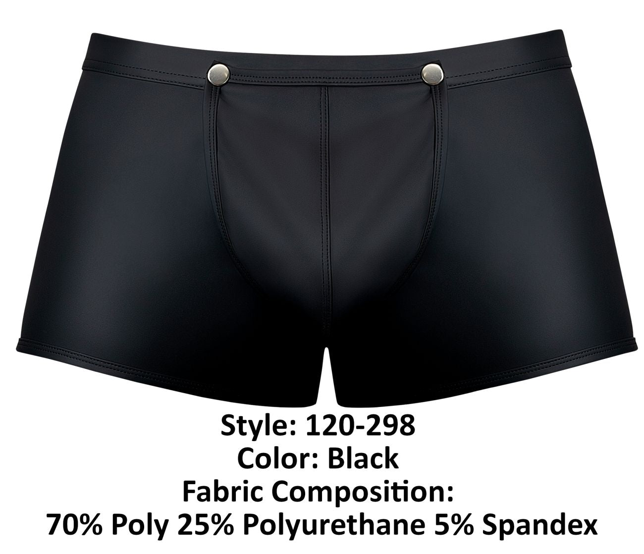 Black mens briefs male power 120-298 oh snap snap off short with shiny faux leather finish and silver snap buttons