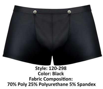 Black mens briefs male power 120-298 oh snap snap off short with shiny faux leather finish and silver snap buttons