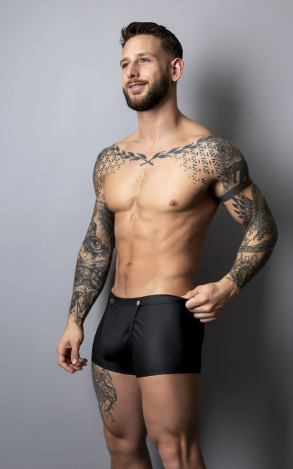 Male power black sleek form-fitting swim trunks with subtle front zipper detail model 120-298 oh snap snap off short