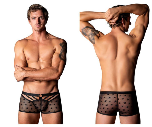 Black sheer star-patterned men’s briefs with black elastic waistband and front panel design male power 122-291